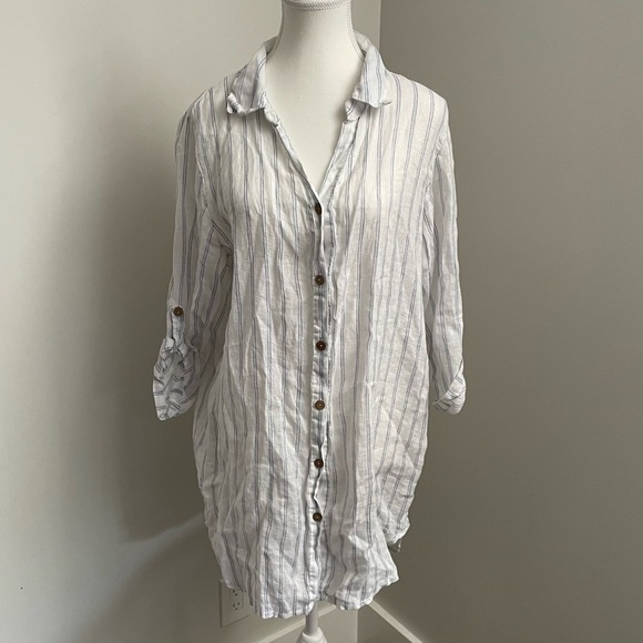 Made in Italy 100% Linen White and Blue Stripe Oversized Button Down Top Size M - Picture 1 of 10